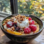 ['Close-up of a bowl featuring acorn squash breakfast dish with yogurt and berries.', 'Side view of an acorn squash breakfast bowl topped with raspberries and walnuts.', 'A vibrant breakfast bowl containing acorn squash, yogurt, and a mix of fruits.', 'Delicious acorn squash bowl with candied walnuts and cranberries, photographed up close.']