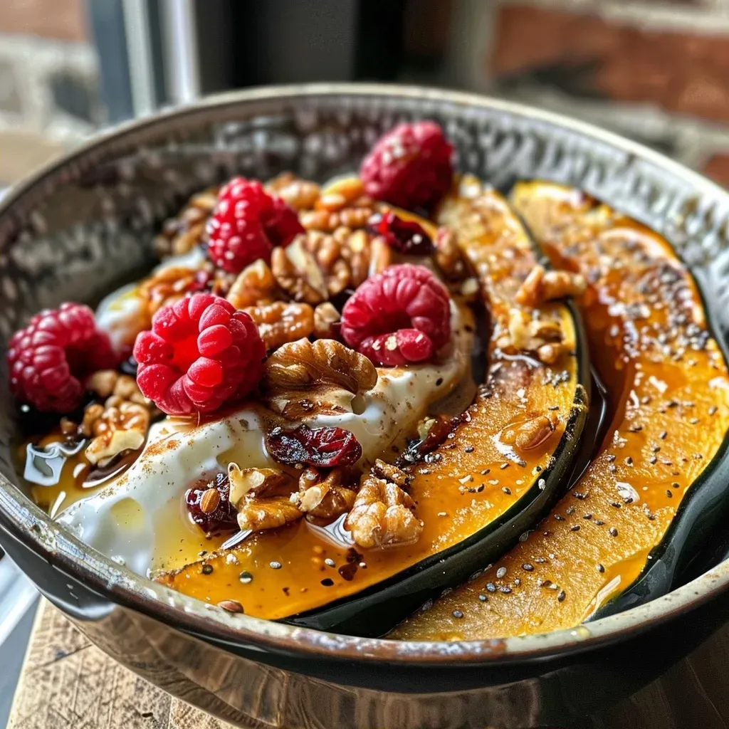 Close-up of a bowl featuring acorn squash breakfast dish with yogurt and berries.