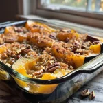 ['A close-up side view of a golden-brown acorn squash casserole topped with pecans.', 'A delicious acorn squash casserole with a crispy topping, showcasing the textures and ingredients.', 'A warm acorn squash casserole, highlighting its buttery, sweet topping with visible pecans.', 'A detailed view of an acorn squash casserole, featuring a rich, crumbly topping and vibrant squash filling.']
