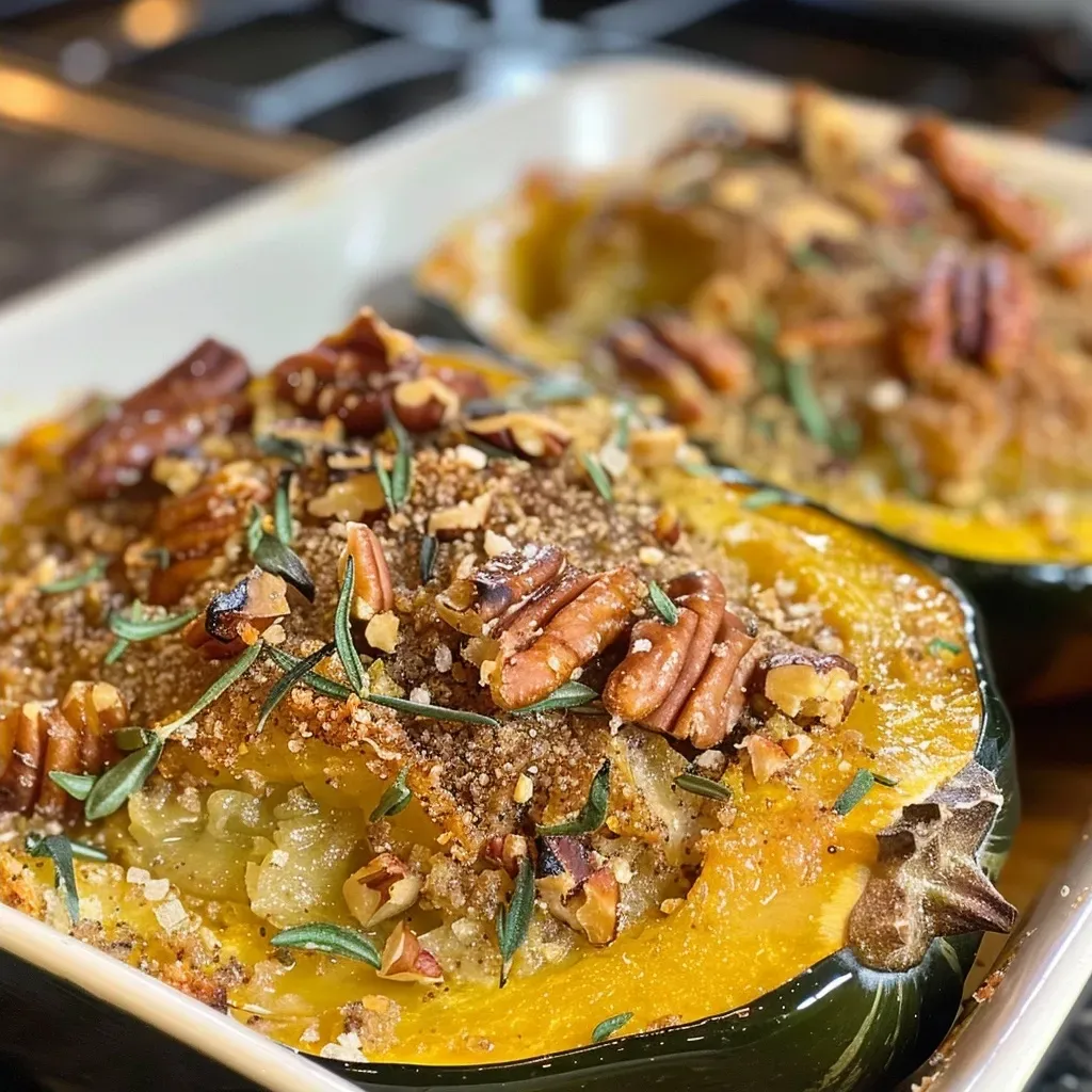 A close-up side view of a golden-brown acorn squash casserole topped with pecans.