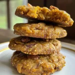 ['Close-up of golden-brown acorn squash cookies with a soft texture.', 'Delicious acorn squash cookies displayed on a wooden surface, highlighting their chewy texture.', 'A side view of freshly baked acorn squash cookies with visible nuts and spices.', 'Hand holding a warm acorn squash cookie, showing its inviting, soft interior.']