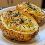 ['Side view of a juicy Air Fryer Baked Potato showcasing its crispy skin and fluffy interior.', 'Close-up of a cooked Air Fryer Baked Potato with a golden-brown exterior and toppings.', 'Detailed shot of a baked potato from an air fryer, emphasizing its texture and optional toppings.', 'Side angle of a delicious air-fried potato, highlighting the seasoning and potential toppings.']