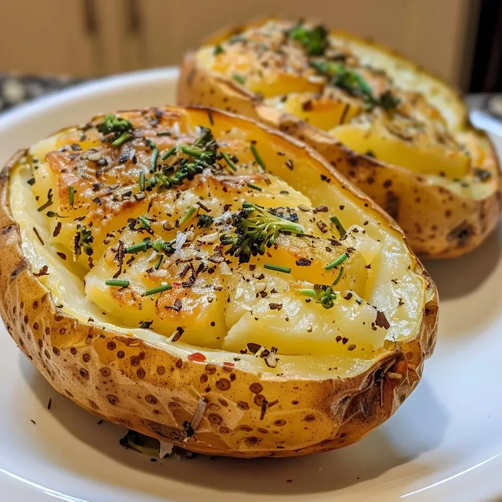 Side view of a juicy Air Fryer Baked Potato showcasing its crispy skin and fluffy interior.