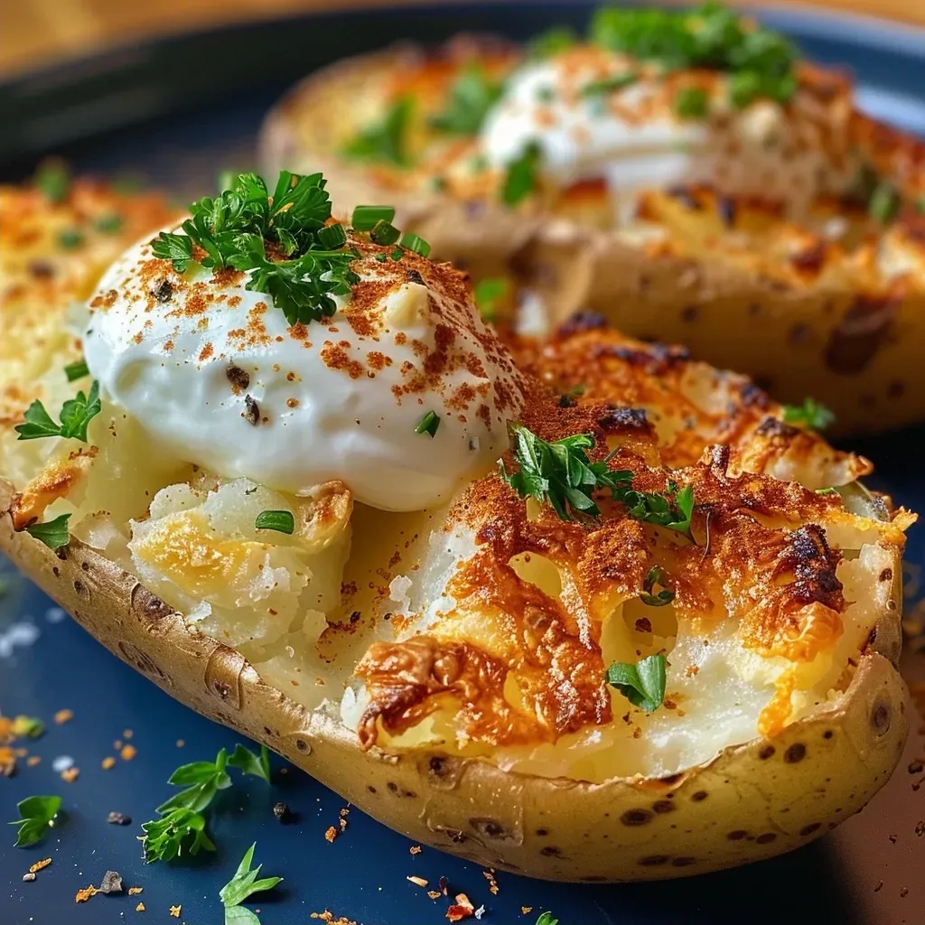 Side view of a juicy Air Fryer Baked Potato showcasing its crispy skin and fluffy interior.