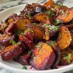 ['Close-up view of juicy air fryer beets, showing a rich red color and a crispy texture.', 'Side view of freshly cooked air fryer beets with a glossy finish and seasoning visible.', 'Appetizing close-up of vibrant air fryer beets, highlighting the natural color and oil coating.', 'Detailed shot of roasted air fryer beets, showcasing their juicy interior and crispy edges.']