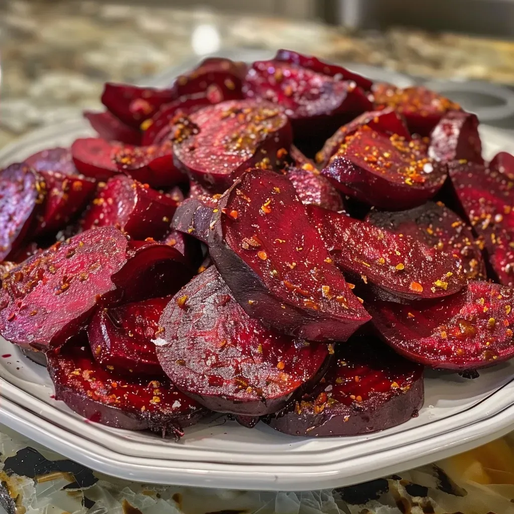 ['Close-up view of juicy air fryer beets, showing a rich red color and a crispy texture.', 'Side view of freshly cooked air fryer beets with a glossy finish and seasoning visible.', 'Appetizing close-up of vibrant air fryer beets, highlighting the natural color and oil coating.', 'Detailed shot of roasted air fryer beets, showcasing their juicy interior and crispy edges.']