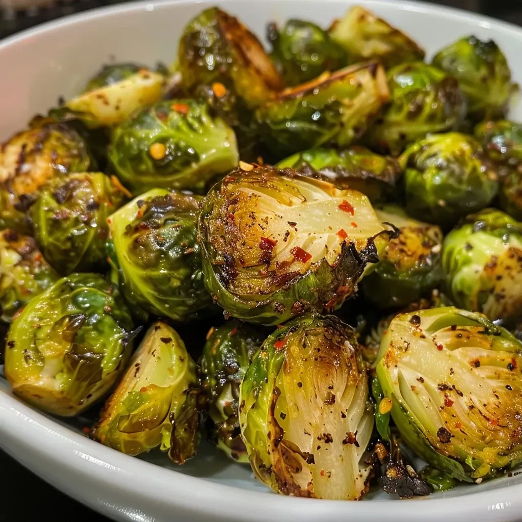 Close-up of crispy Air Fryer Brussels Sprouts on a wooden plate.