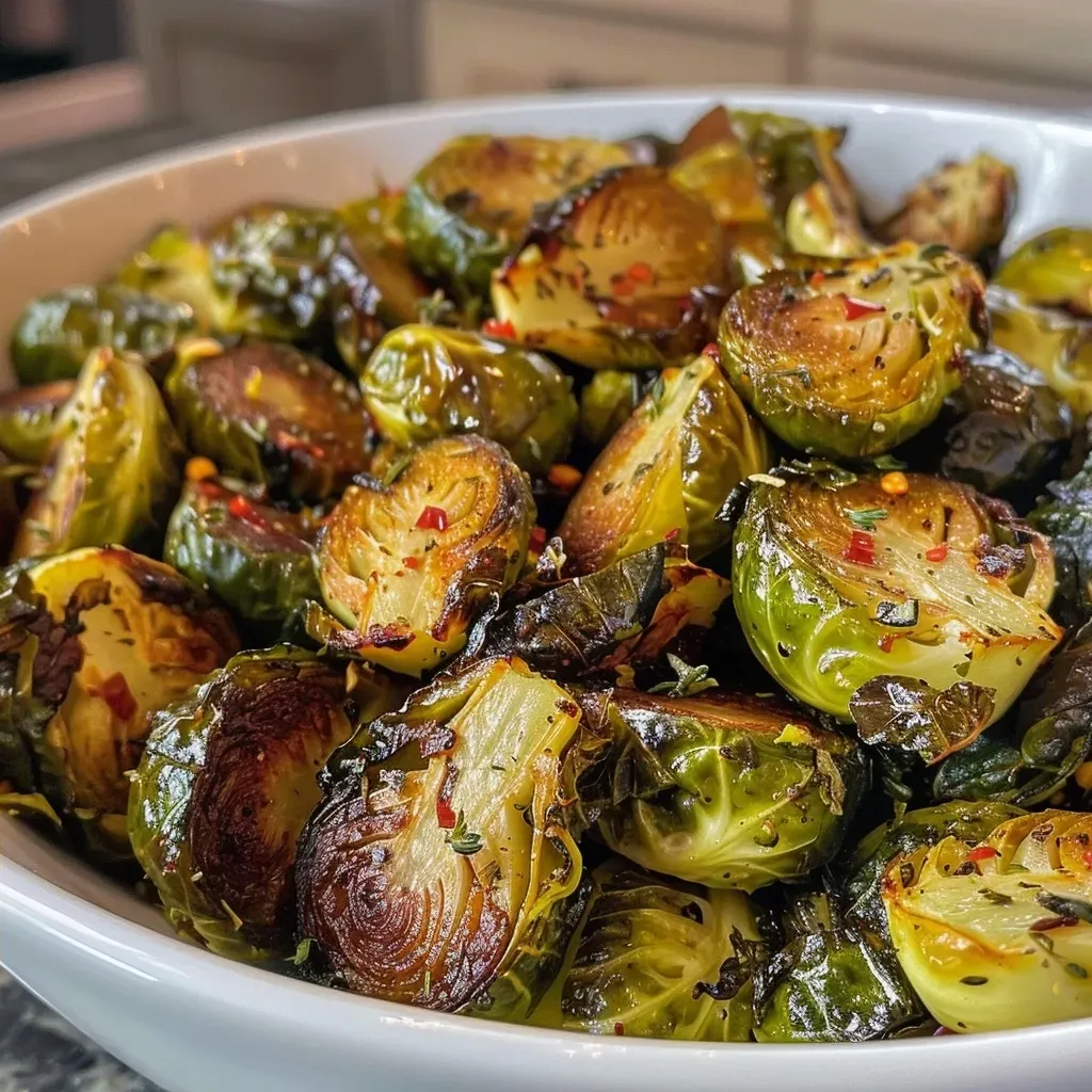 Close-up of crispy Air Fryer Brussels Sprouts on a wooden plate.