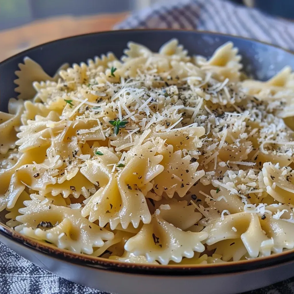 Close-up view of cooked bowtie pasta with a sprinkle of grated Parmesan cheese.