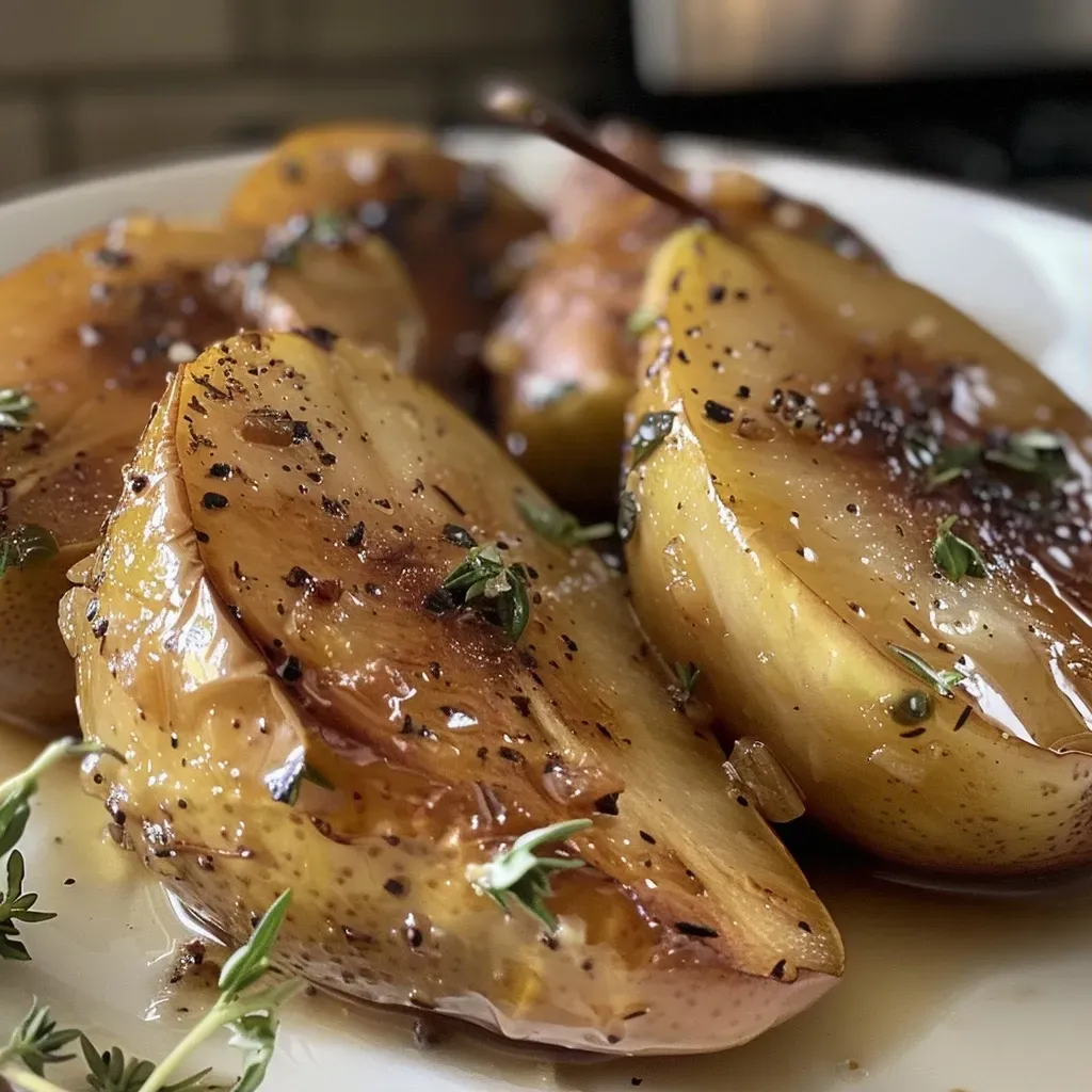 Close-up side view of air fryer pears, showcasing their juicy texture.