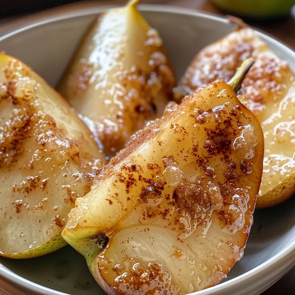 Close-up side view of air fryer pears, showcasing their juicy texture.