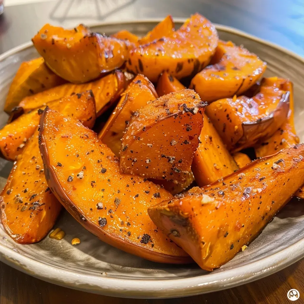 ['Close-up view of golden-brown air fryer roasted pumpkin slices.', 'Side view of succulent, seasoned air fryer roasted pumpkin pieces on a plate.', 'Juicy air-fried pumpkin chunks with olive oil and spices, captured in detail.', 'Tasty roasted pumpkin showing a rich orange color and crispy edges.']