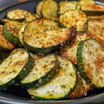 ['Close-up of roasted zucchini slices, golden and juicy.', 'Side view of air-fried zucchini, sprinkled with seasoning.', 'Crisp, tender air-fried zucchini with a glistening finish.', 'Medium-sized zucchini slices roasted to perfection, garnished.']