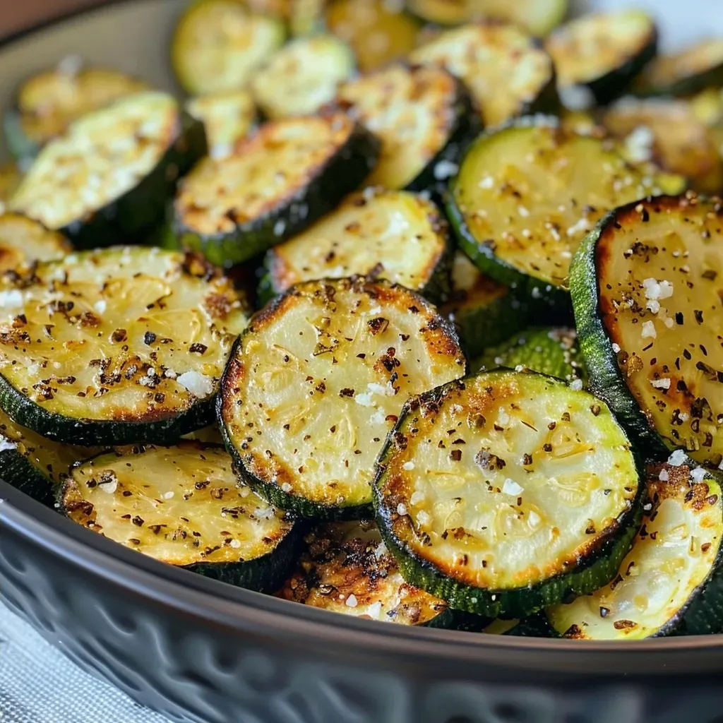 ['Close-up of roasted zucchini slices, golden and juicy.', 'Side view of air-fried zucchini, sprinkled with seasoning.', 'Crisp, tender air-fried zucchini with a glistening finish.', 'Medium-sized zucchini slices roasted to perfection, garnished.']