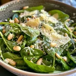 ['Close-up of a vibrant Air Fryer Spinach Salad with pine nuts and parmesan.', 'Side view of a fresh Air Fryer Spinach Salad garnished with garlic and red pepper flakes.', 'Juicy Air Fryer Spinach Salad displaying fresh ingredients including spinach and olive oil.', 'Detailed view of a bowl filled with Air Fryer Spinach Salad topped with grated parmesan.']