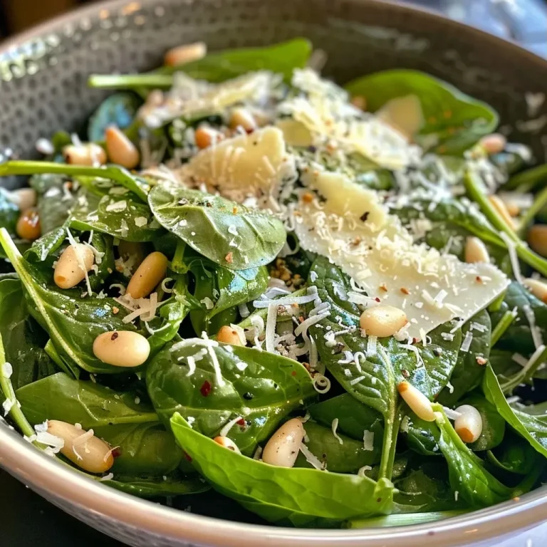 ['Close-up of a vibrant Air Fryer Spinach Salad with pine nuts and parmesan.', 'Side view of a fresh Air Fryer Spinach Salad garnished with garlic and red pepper flakes.', 'Juicy Air Fryer Spinach Salad displaying fresh ingredients including spinach and olive oil.', 'Detailed view of a bowl filled with Air Fryer Spinach Salad topped with grated parmesan.']