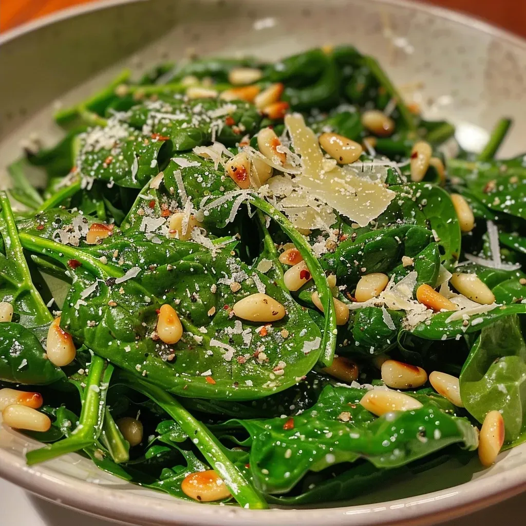 ['Close-up of a vibrant Air Fryer Spinach Salad with pine nuts and parmesan.', 'Side view of a fresh Air Fryer Spinach Salad garnished with garlic and red pepper flakes.', 'Juicy Air Fryer Spinach Salad displaying fresh ingredients including spinach and olive oil.', 'Detailed view of a bowl filled with Air Fryer Spinach Salad topped with grated parmesan.']