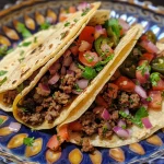 ['Juicy Air Fryer tacos filled with ground beef and topped with fresh ingredients.', 'Close-up view of brown ground beef tacos garnished with avocado salsa and lettuce.', 'Delicious Air Fryer tacos showcasing ground beef, jalapeños, and cheese.', 'Side view of crispy tacos filled with seasoned ground beef and fresh vegetables.']