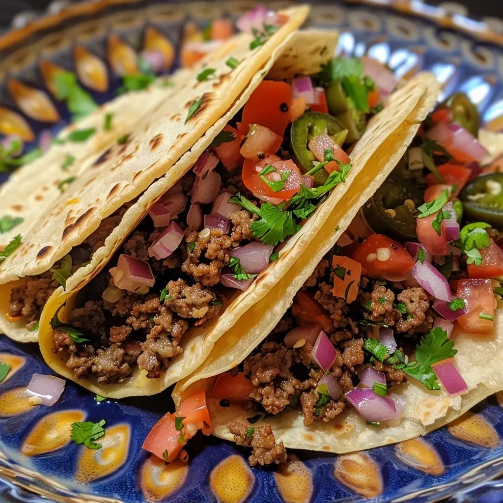 Juicy Air Fryer tacos filled with ground beef and topped with fresh ingredients.
