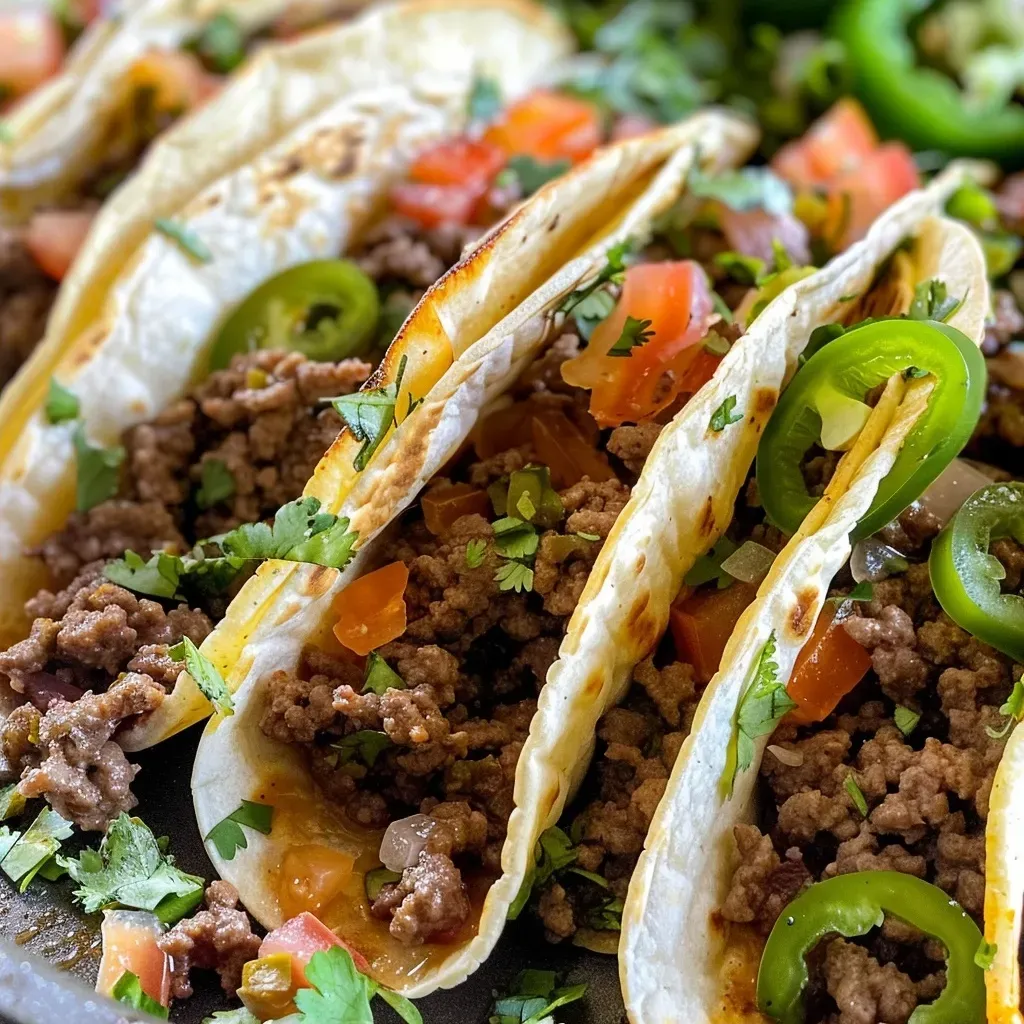 Juicy Air Fryer tacos filled with ground beef and topped with fresh ingredients.