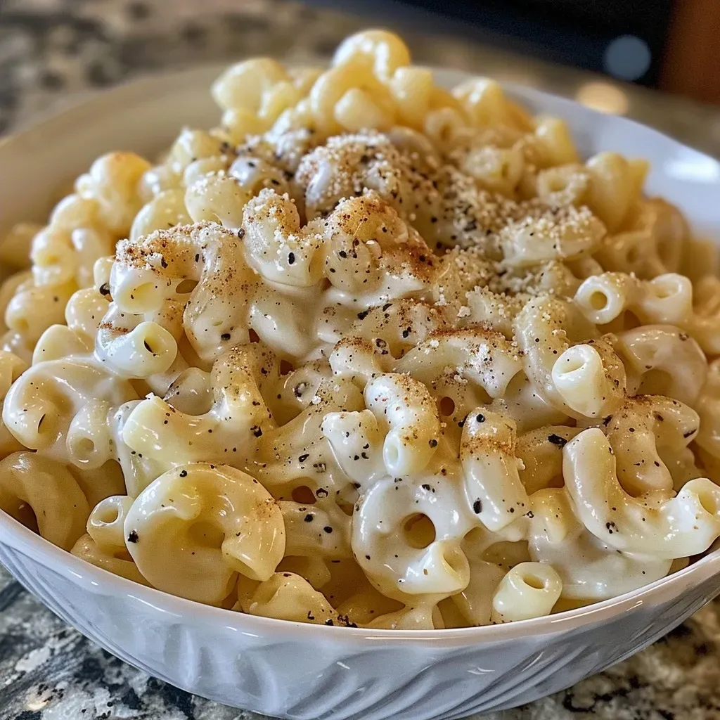 Close-up side view of a creamy apple macaroni dish topped with melted cheddar.
