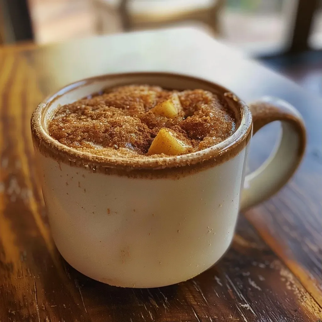 Close-up view of a delicious apple mug cake on a wooden table.