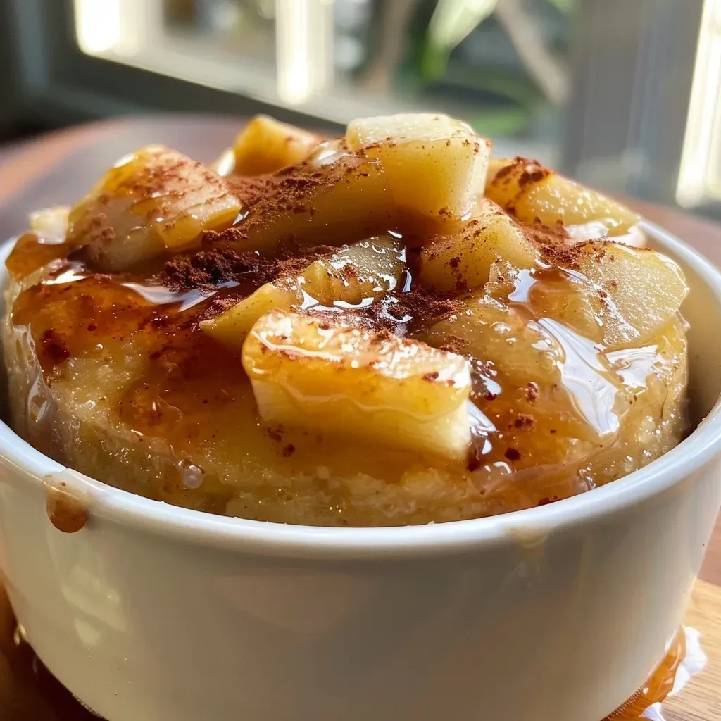 Close-up view of a delicious apple mug cake on a wooden table.