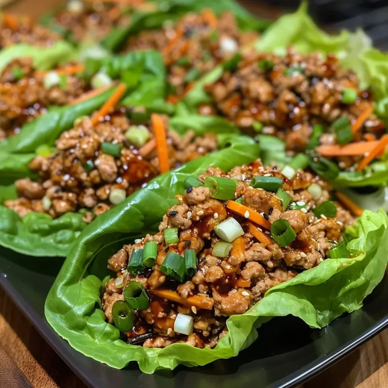 ['Close-up of juicy Asian lettuce wraps filled with ground turkey and vegetables.', 'Side view of colorful Asian lettuce wraps, showcasing ingredients like carrots and green onions.', 'Tightly wrapped lettuce filled with a savory mixture, garnished with fresh herbs.', 'Vibrant Asian lettuce wraps on a plate with a side of dipping sauce.']