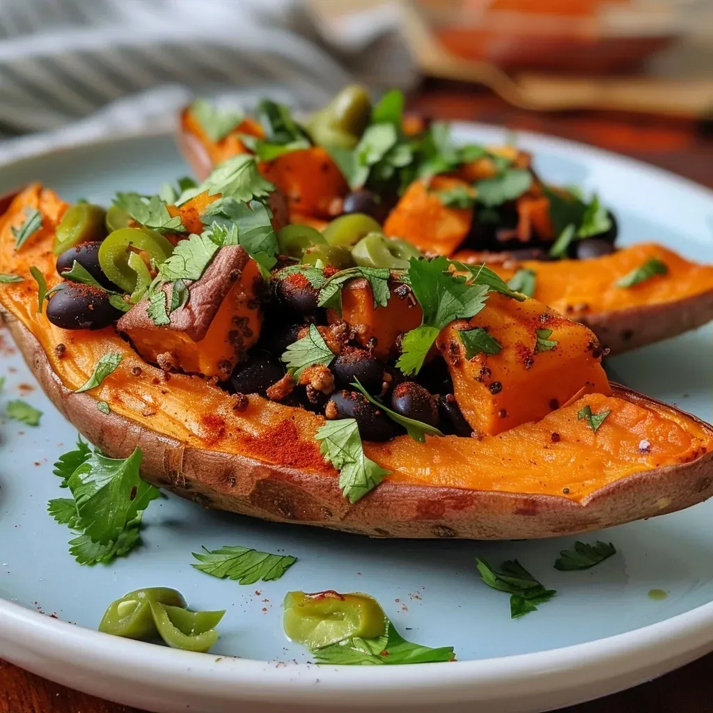 A close-up of a baked sweet potato filled with black beans and garnished with herbs.