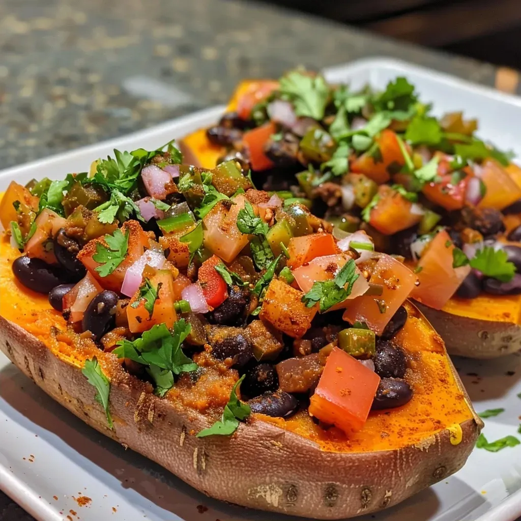 A close-up of a baked sweet potato filled with black beans and garnished with herbs.