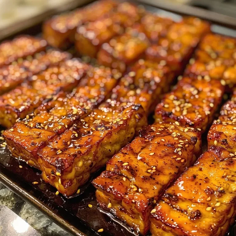 ['Close-up of golden-brown baked tempeh on a plate, with seasonings visible.', 'Side view of juicy baked tempeh, garnished and ready to serve.', 'Appetizing baked tempeh pieces arranged attractively, highlighting texture.', 'Deliciously roasted tempeh slices showing spices and color contrast.']