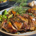 ['Juicy Balsamic Fig Air Fryer Turkey Breast garnished with herbs.', 'Close-up of a sliced turkey breast with a balsamic fig glaze.', 'Air-fried turkey breast drizzled with balsamic fig sauce and surrounded by vegetables.', 'Succulent turkey breast on a plate with a vibrant fig and balsamic dressing.']