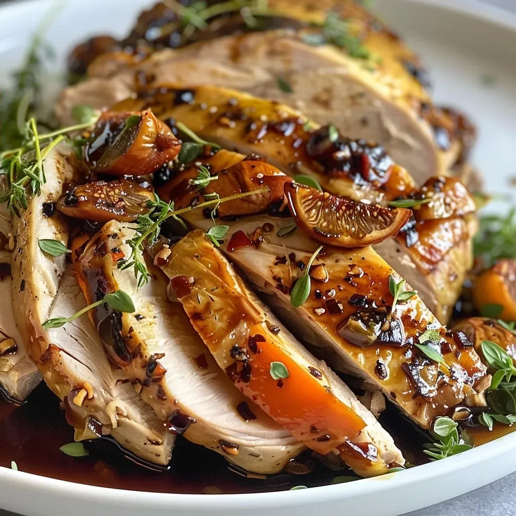 Juicy Balsamic Fig Air Fryer Turkey Breast garnished with herbs.