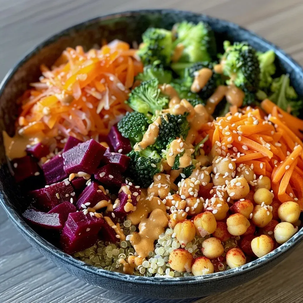 A vibrant Beet Buddha Bowl featuring quinoa, broccoli, chickpeas, beets, carrots, and mixed greens.