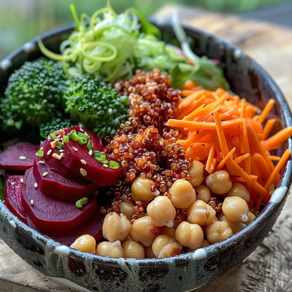 A vibrant Beet Buddha Bowl featuring quinoa, broccoli, chickpeas, beets, carrots, and mixed greens.