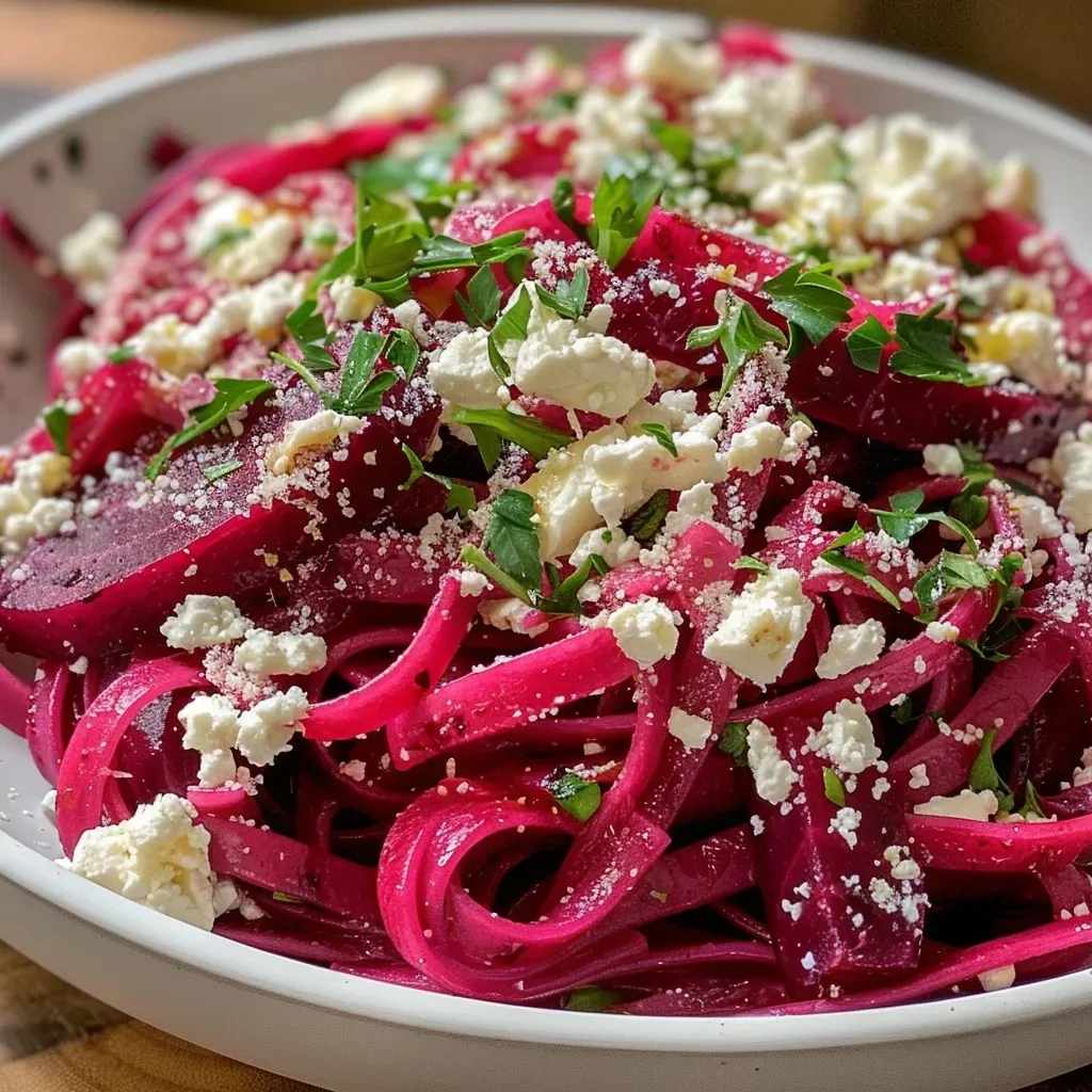 ['Close-up of vibrant red beet pasta garnished with goat cheese and herbs.', 'Side view of beet-infused linguine with creamy goat cheese and sprinkled parmesan.', 'Juicy beet pasta dish topped with balsamic drizzle and fresh ingredients.', 'Plated beet pasta with a rich color, showcasing cheese and seasonings.']