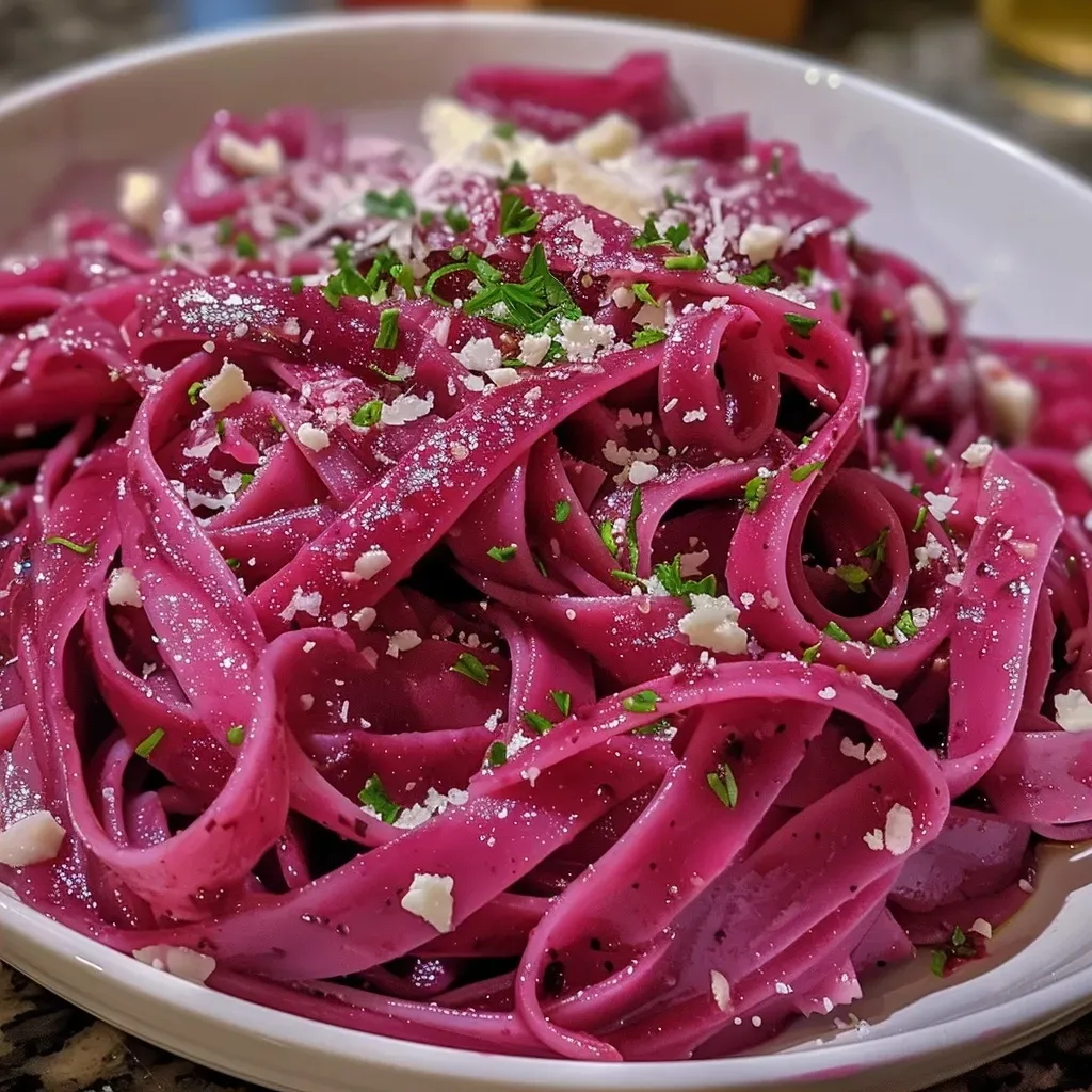 ['Close-up of vibrant red beet pasta garnished with goat cheese and herbs.', 'Side view of beet-infused linguine with creamy goat cheese and sprinkled parmesan.', 'Juicy beet pasta dish topped with balsamic drizzle and fresh ingredients.', 'Plated beet pasta with a rich color, showcasing cheese and seasonings.']