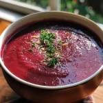['Close-up view of a vibrant beet soup in a bowl, showcasing its rich red color.', 'A side profile of beet soup garnished with yogurt and parsley, highlighting its creamy texture.', 'Detailed shot of beet soup, emphasizing the smooth consistency and fresh garnishes.', 'Close-up of a bowl of beet soup with a spoon beside it, illustrating its inviting appearance.']