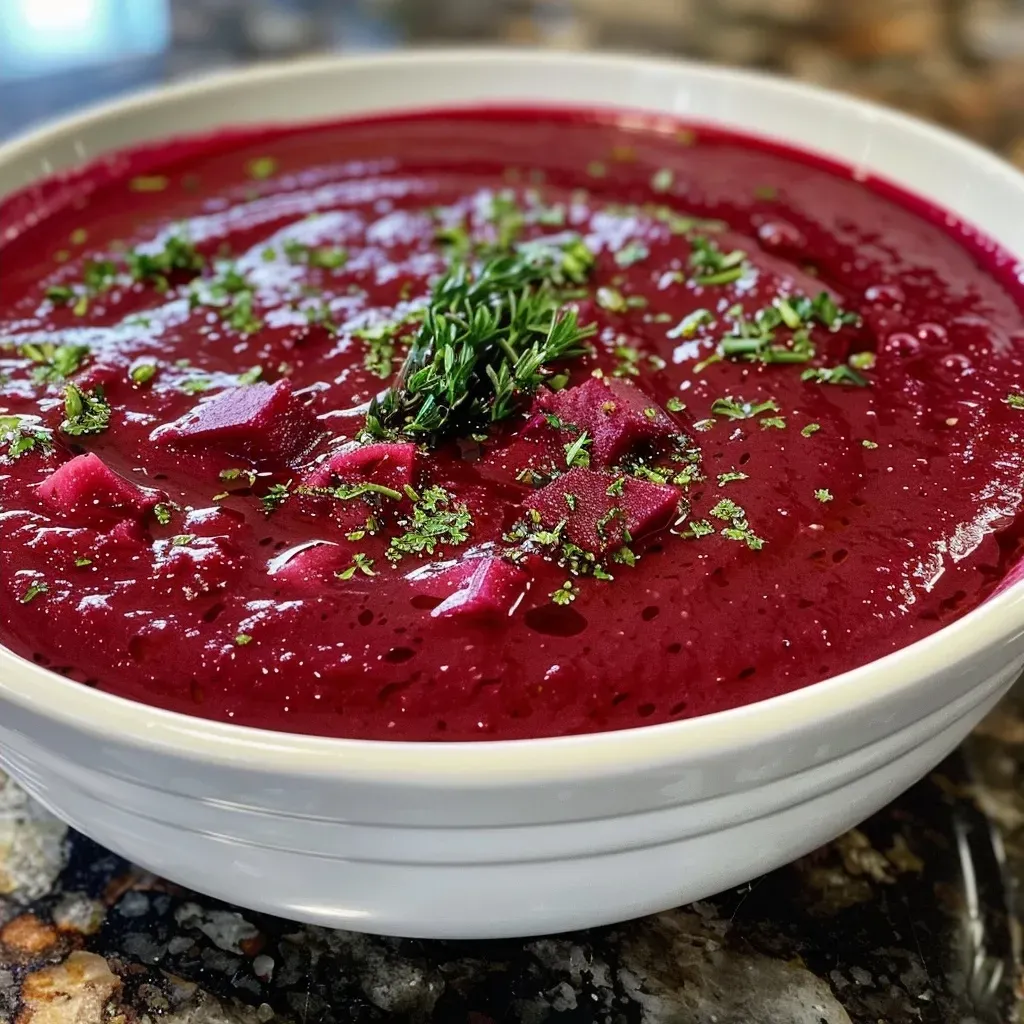 ['Close-up view of a vibrant beet soup in a bowl, showcasing its rich red color.', 'A side profile of beet soup garnished with yogurt and parsley, highlighting its creamy texture.', 'Detailed shot of beet soup, emphasizing the smooth consistency and fresh garnishes.', 'Close-up of a bowl of beet soup with a spoon beside it, illustrating its inviting appearance.']