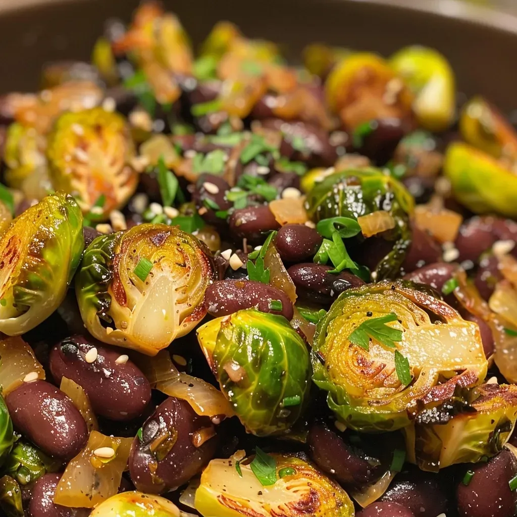 ['A close-up view of a colorful black beans and Brussels sprout stir-fry in a bowl.', 'Juicy black beans and halved Brussels sprouts stir-fried, garnished with minced garlic.', 'A vibrant stir-fry featuring black beans, Brussels sprouts, and garlic on a wooden table.', 'A delicious mixture of black beans and Brussels sprouts in an inviting stir-fry presentation.']