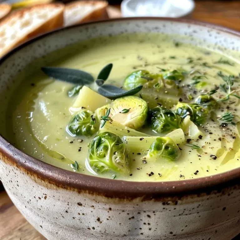 ['Close-up of a creamy Brussels sprouts soup in a bowl, garnished with herbs.', 'A side view of a steaming bowl of Brussels sprouts soup, emphasizing the texture and ingredients.', 'A vibrant bowl of Brussels sprouts soup featuring sliced Brussels sprouts and leeks.', 'Thick and smooth Brussels sprouts soup served in a white bowl, ready to eat.']