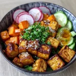 ['Close-up view of a colorful Buddha Bowl filled with rice, chickpeas, and fresh vegetables.', 'A vibrant Buddha Bowl showcasing an arrangement of sweet potatoes, avocado, and greens.', 'Side perspective of a nutritious Buddha Bowl packed with grains, legumes, and assorted toppings.', 'Detailed shot of a Buddha Bowl featuring sliced cucumbers, carrots, and a creamy tahini dressing.']