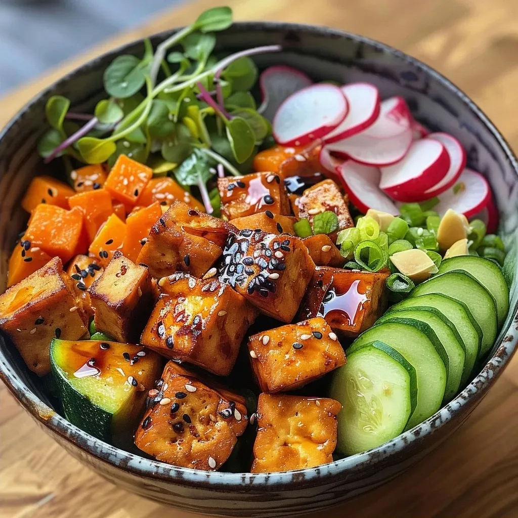 ['Close-up view of a colorful Buddha Bowl filled with rice, chickpeas, and fresh vegetables.', 'A vibrant Buddha Bowl showcasing an arrangement of sweet potatoes, avocado, and greens.', 'Side perspective of a nutritious Buddha Bowl packed with grains, legumes, and assorted toppings.', 'Detailed shot of a Buddha Bowl featuring sliced cucumbers, carrots, and a creamy tahini dressing.']