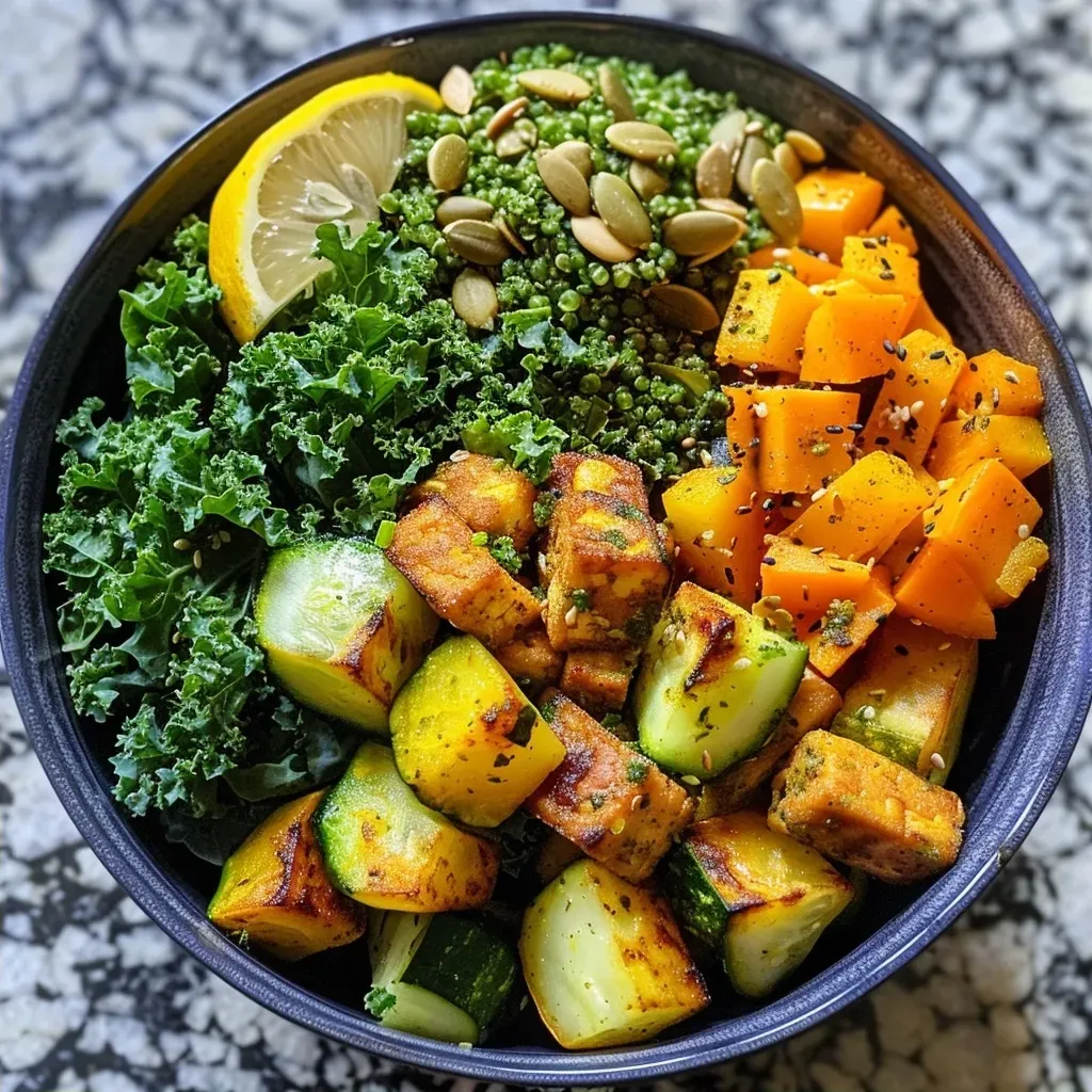 ['A colorful Buddha Bowl featuring broccoli, butternut squash, sliced onion, avocado, eggs, and brown rice.', 'Close-up view of a delicious Buddha Bowl with fresh vegetables, brown rice, and topped with eggs.', 'A vibrant bowl filled with broccoli, butternut squash, avocado, and nuts alongside perfect sunny-side-up eggs.', 'A side view of a Buddha Bowl showcasing an assortment of healthy ingredients including vegetables and eggs.']