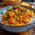 ['A close-up view of vibrant Butternut Squash Chickpea Curry in a bowl, showing chunks of squash and chickpeas.', 'A side view of a delicious curry dish with a rich golden color, featuring butternut squash and garnished with herbs.', 'An inviting bowl of Butternut Squash Chickpea Curry, highlighting the creamy texture and colorful ingredients.', 'A close-up image of a hearty curry filled with butternut squash and chickpeas, served in a rustic bowl.']