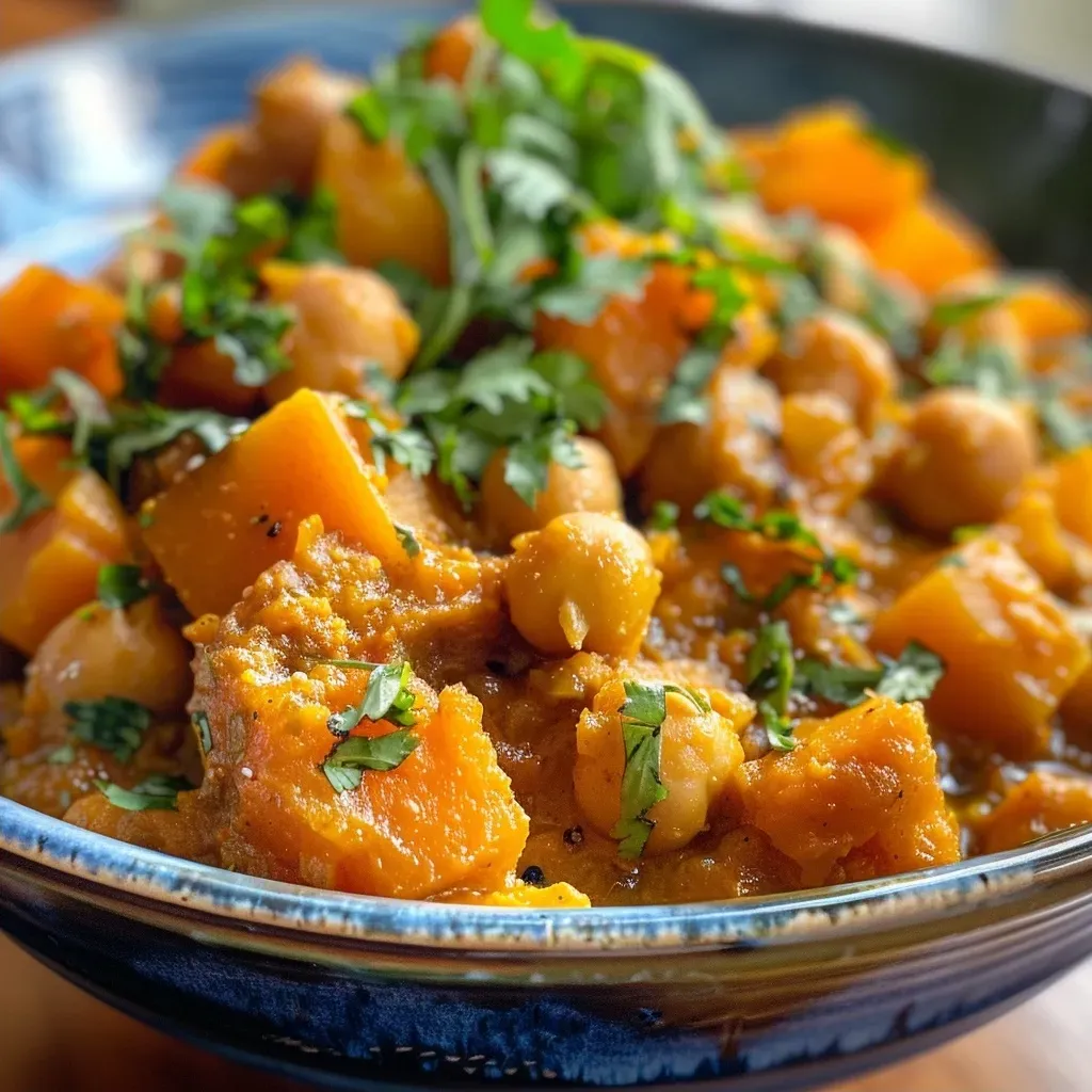 ['A close-up view of vibrant Butternut Squash Chickpea Curry in a bowl, showing chunks of squash and chickpeas.', 'A side view of a delicious curry dish with a rich golden color, featuring butternut squash and garnished with herbs.', 'An inviting bowl of Butternut Squash Chickpea Curry, highlighting the creamy texture and colorful ingredients.', 'A close-up image of a hearty curry filled with butternut squash and chickpeas, served in a rustic bowl.']