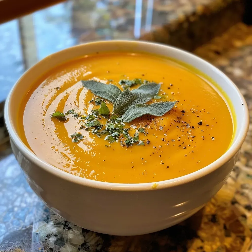 Close-up view of a creamy butternut squash soup in a bowl, garnished with crispy sage and a drizzle of cream.