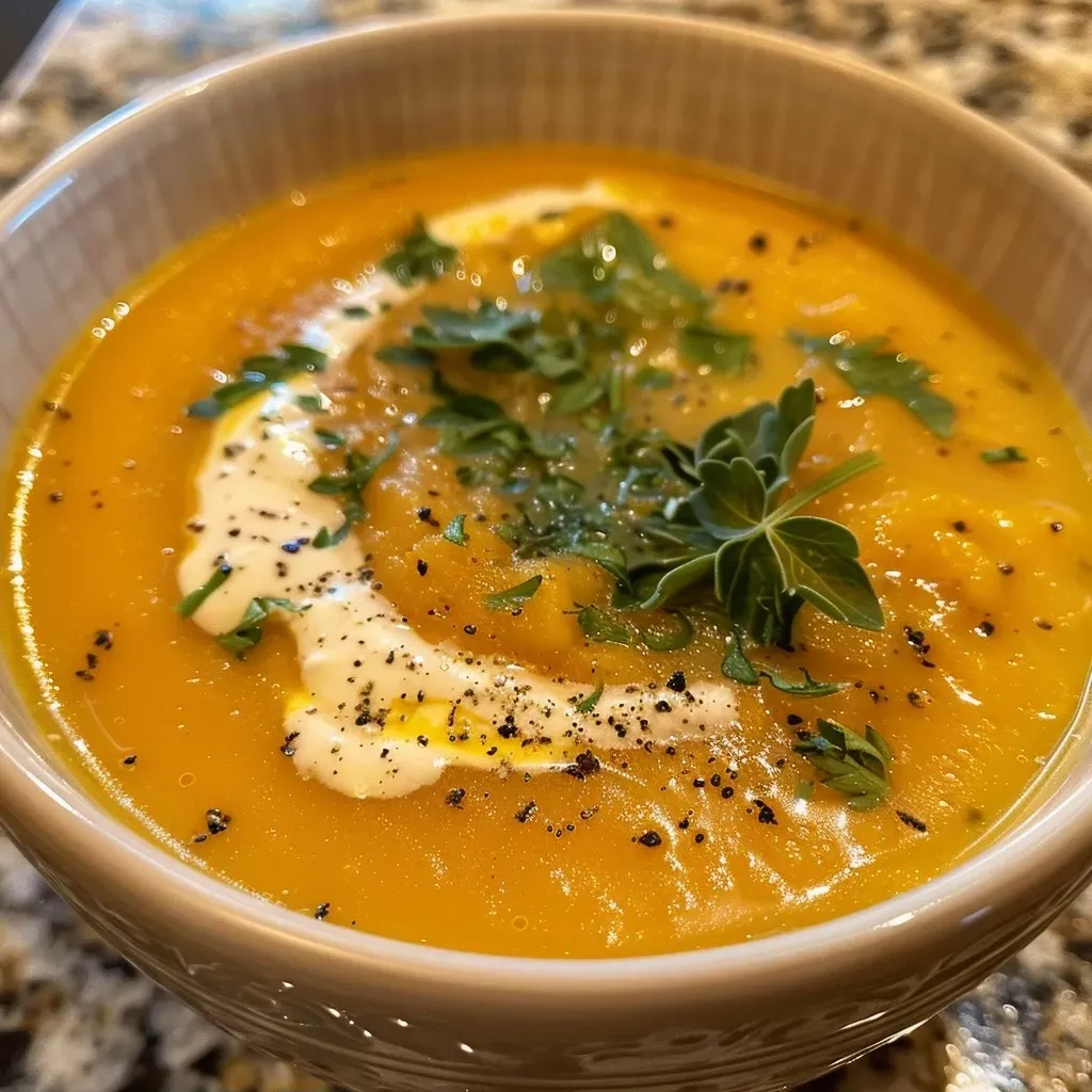 Close-up view of a creamy butternut squash soup in a bowl, garnished with crispy sage and a drizzle of cream.