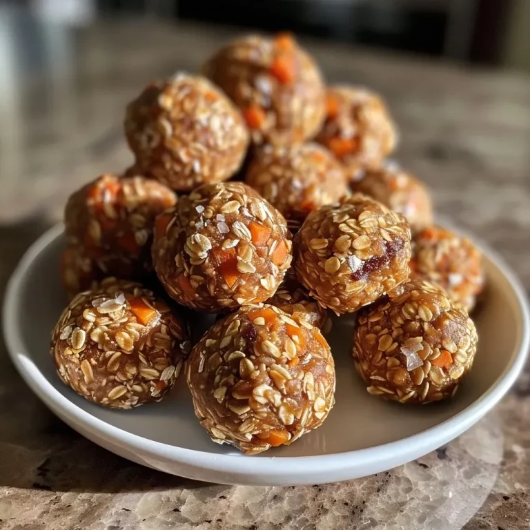['Close-up view of delicious carrot cake energy balls on a wooden surface.', 'Juicy carrot cake energy balls arranged in a neat circle with walnuts and raisins in the background.', 'Side view of carrot cake energy balls, showcasing a textured surface and bits of carrot and nuts.', 'A cluster of healthy carrot cake energy balls with a vibrant orange hue from grated carrots.']