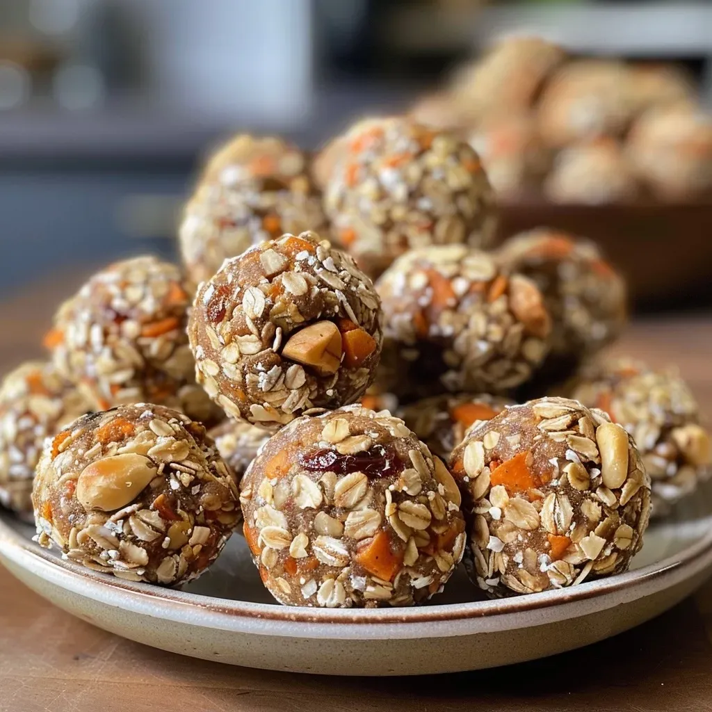 ['Close-up view of delicious carrot cake energy balls on a wooden surface.', 'Juicy carrot cake energy balls arranged in a neat circle with walnuts and raisins in the background.', 'Side view of carrot cake energy balls, showcasing a textured surface and bits of carrot and nuts.', 'A cluster of healthy carrot cake energy balls with a vibrant orange hue from grated carrots.']